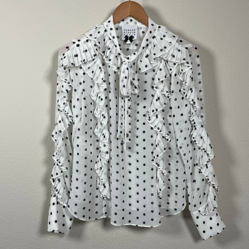 Edward Achour Paris Ruffle Blouse Women 36 White Polka Dot Chic Long Sleeve